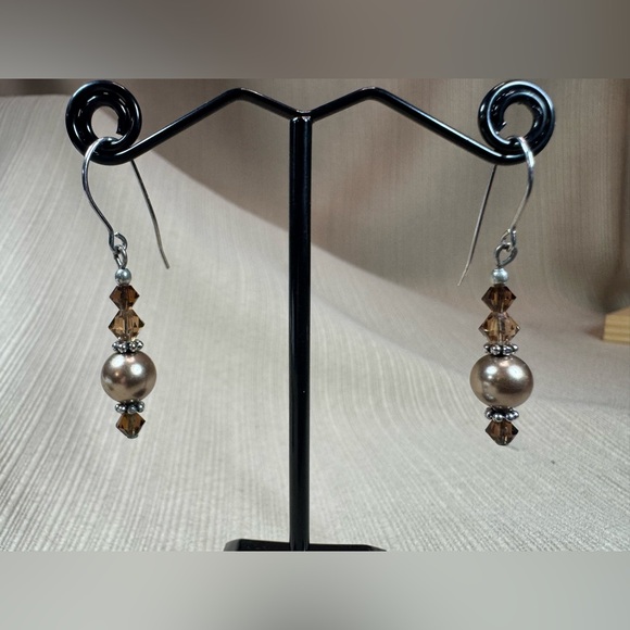 Jewelry - Elegant Brown Pearl Drop Earrings With Crystal Bead Accents